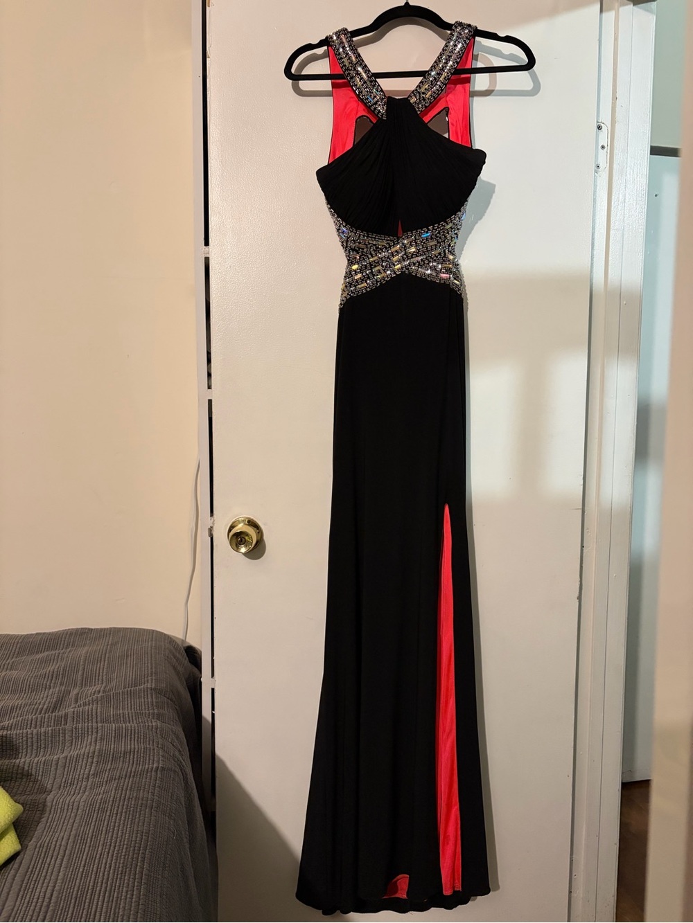 Betsy & Adam Black Gown with Red Accents and Beaded Waist